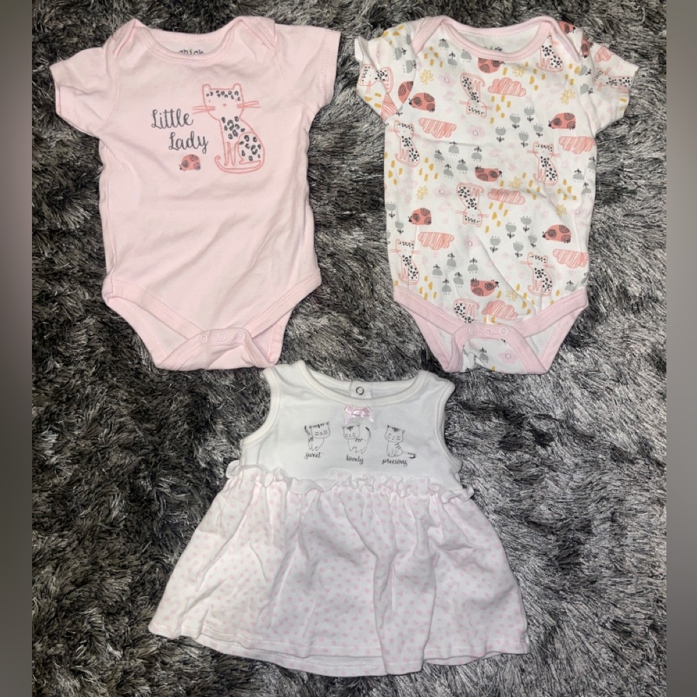 Chick Pea and Rene Rofe Baby Girl Onesies and Dress 3 Piece Bundle 6-9 Months